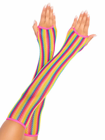 Fingerless fishnet rainbow gloves