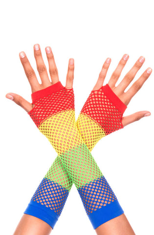 Rainbow fishnet gloves